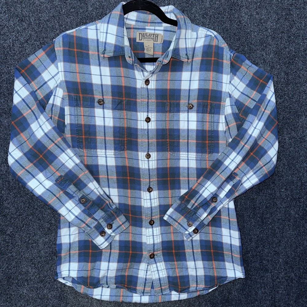 Duluth Trading Co Mens Trim Fit Plaid Flannel Shirt Blue Orange Cotton Medium